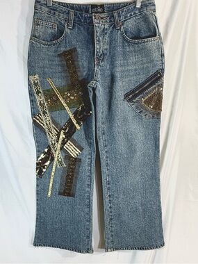 Etoile Rare One Of A Kind Straight Leg Mid Rise Embellished Jeans With Patches